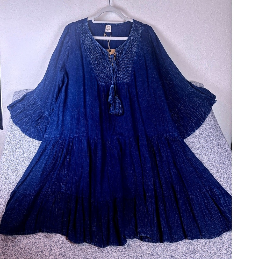 Riviera Sun Tunic Dress Womens 1X Blue Boho Crochet Tiered Bell Sleeve Tassel